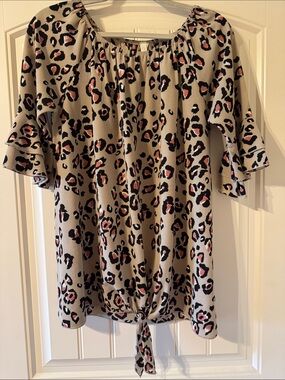 Leopard Print Tie-Hem Tunic Top - Beige with Pink Accents